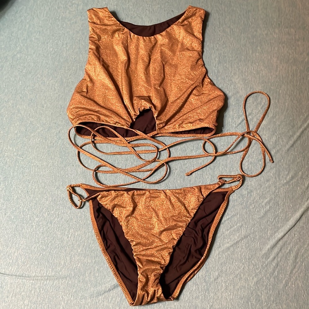 Pq swim bikini. Gold, two piece. Large top and bottom. Tags have been removed.